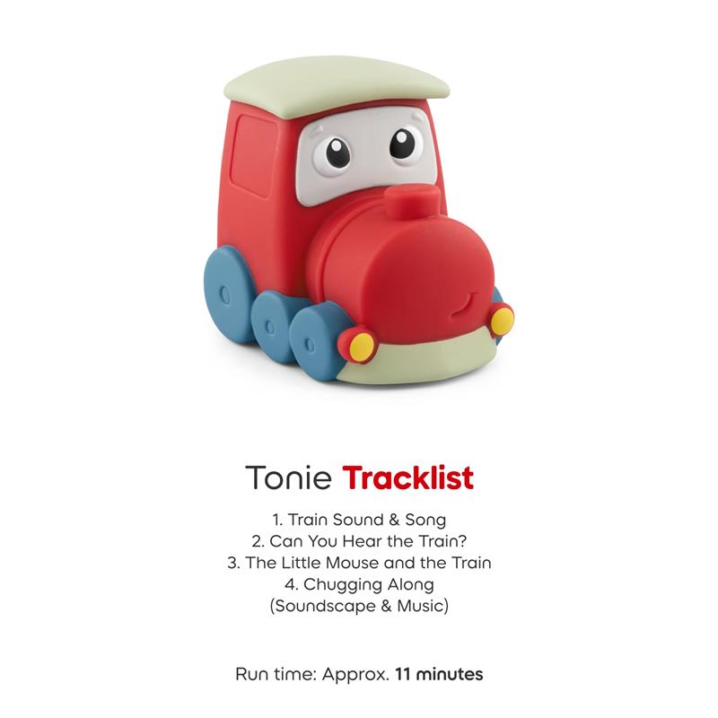 Soft red toy train figurine with a smiling face, featuring a tracklist and runtime details below.