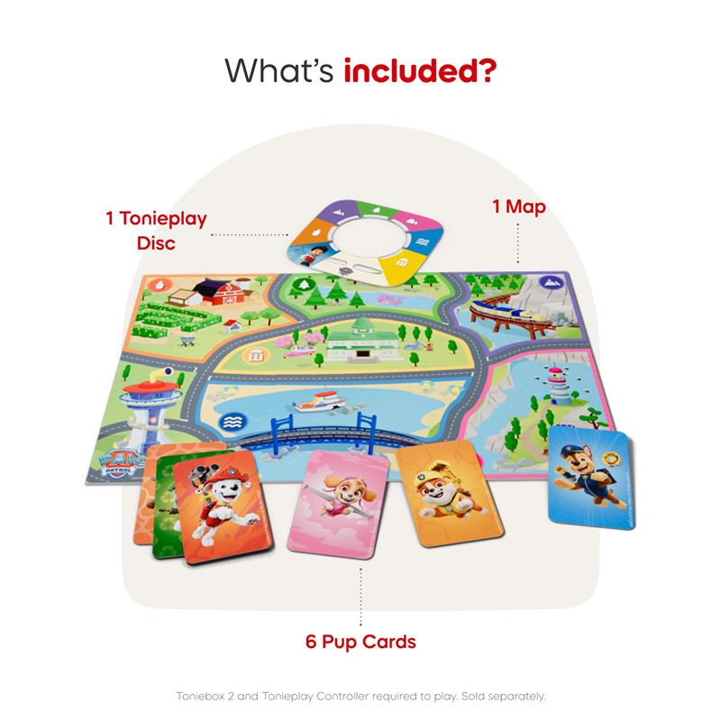 Tonieplay game set featuring a colorful map, a Tonieplay disc, and six character pup cards from PAW Patrol.
