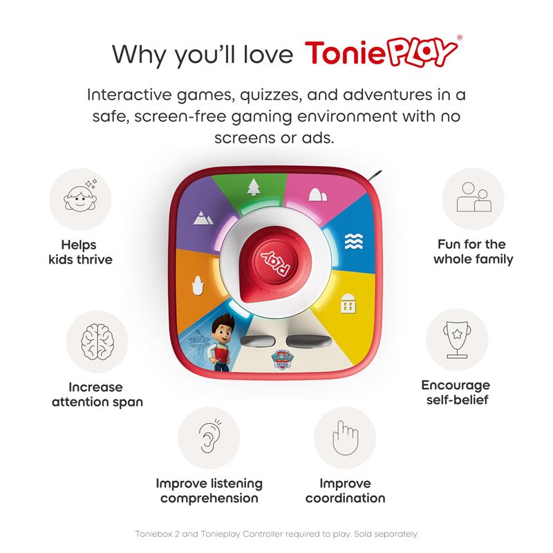 Interactive Tonieplay Controller with colorful buttons, promoting screen-free games and learning for kids.