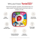 Interactive Tonieplay Controller with colorful buttons, promoting screen-free games and learning for kids.