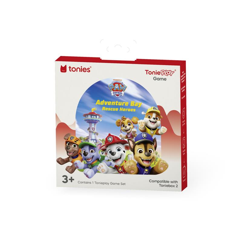 Tonies PAW Patrol Adventure Bay Rescue Heroes Tonieplay Story Game packaging featuring colorful characters and a rescue tower, compatible with Toniebox 2.