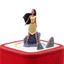Pocahontas figurine on a red Tonies audio toy, standing confidently on a rock with flowing hair and a necklace.