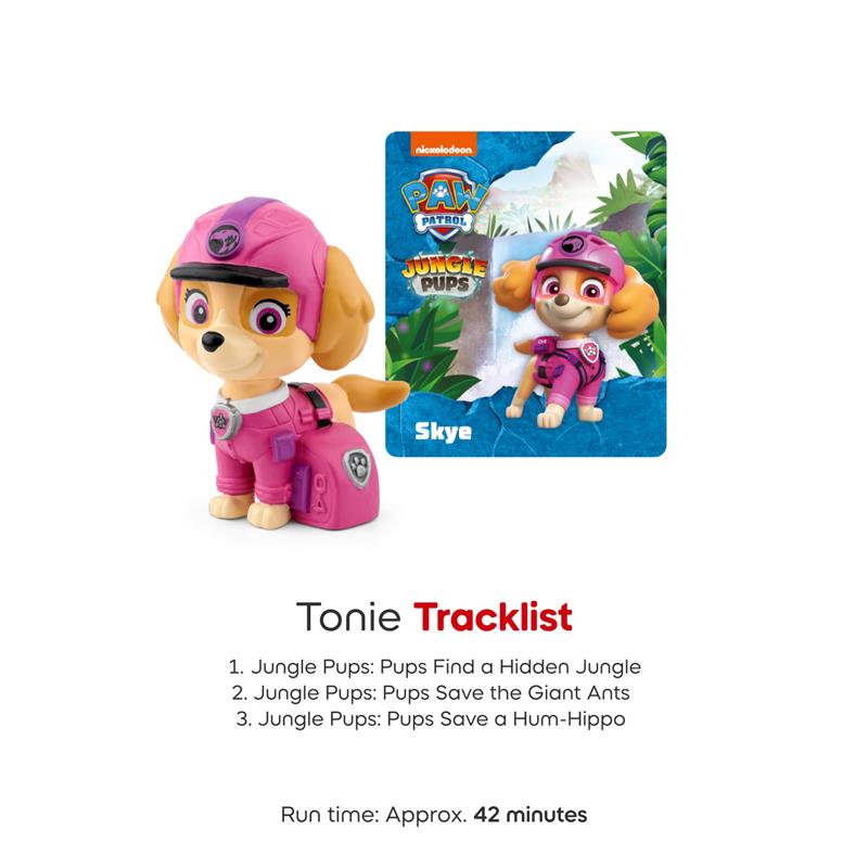 Tonies Skye figurine from PAW Patrol Jungle Pups, with a pink outfit and backpack, alongside the tracklist for audio content.