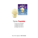 Sleepy Duck figurine next to a colorful card listing audio content and track details for a sound journey toy.