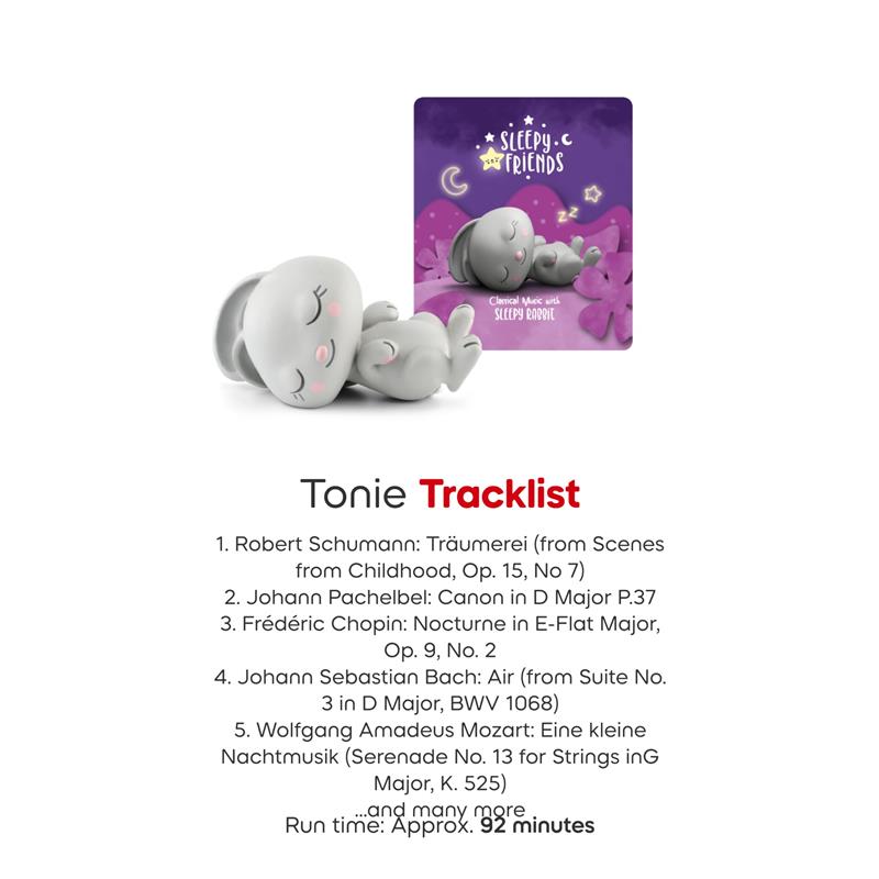 Sleepy Rabbit figurine from Tonies Sleepy Friends series, designed for calming classical music playback, with tracklist details.