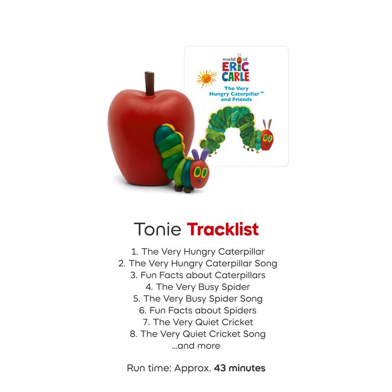Tonies The Very Hungry Caterpillar & Friends audio toy figurine featuring a colorful caterpillar and red apple, with tracklist details.