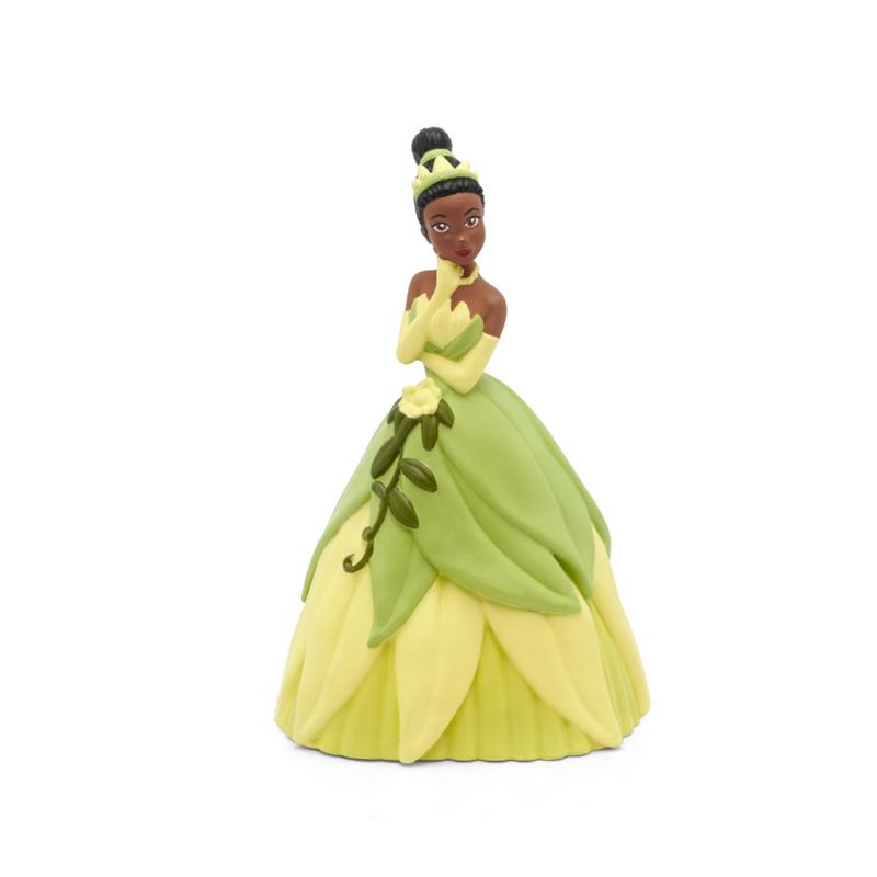 Tiana audio toy figurine featuring a character in a green and yellow dress with floral details and a crown.