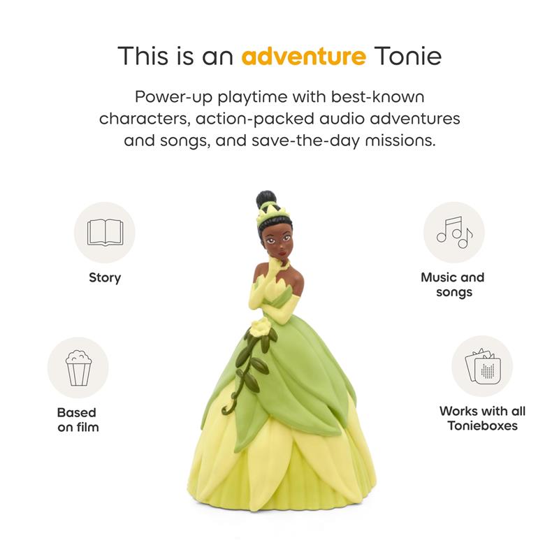Tonies Tiana Audio Toy Figurine features Princess Tiana in a green dress, designed for interactive storytelling and music.