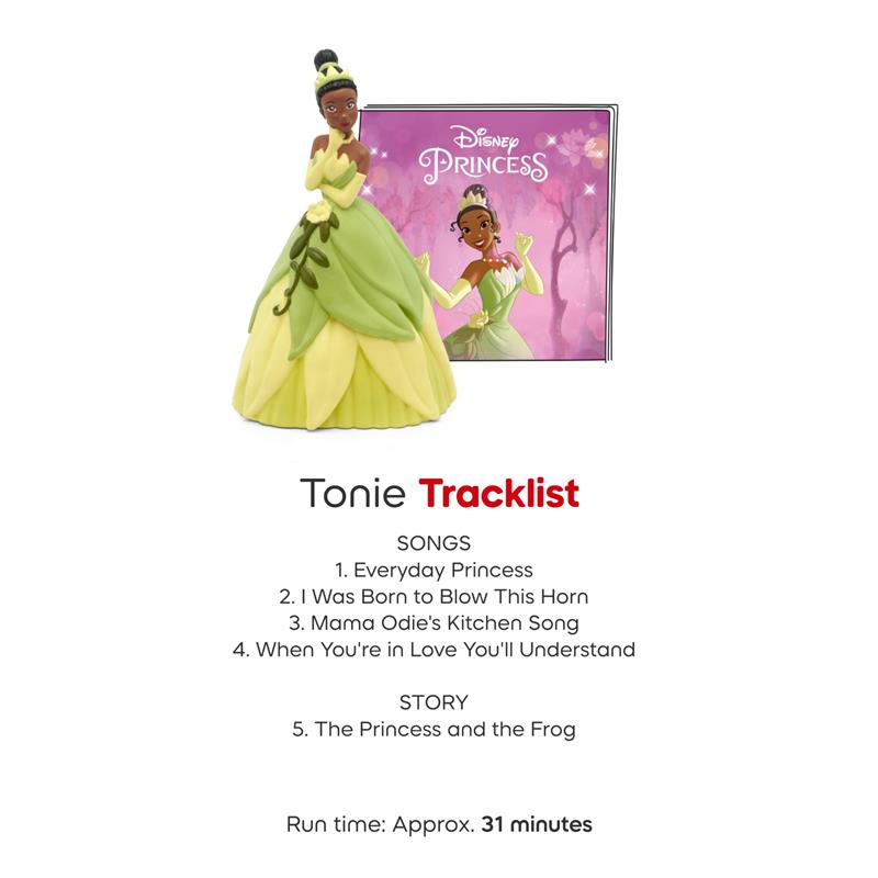 Tonies Tiana audio toy figurine featuring the character in a green dress with a flower, includes a tracklist of songs and story.