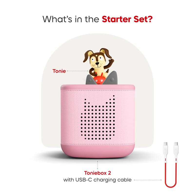 Toniebox 2 audio player in cloud pink with a Playtime Puppy figure on top and USB-C charging cable included.