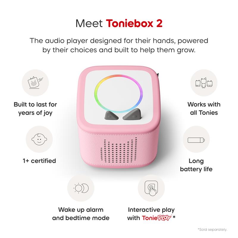Toniebox 2 audio player in cloud pink, designed for kids 1+, featuring interactive play, long battery life, and wake-up alarm.