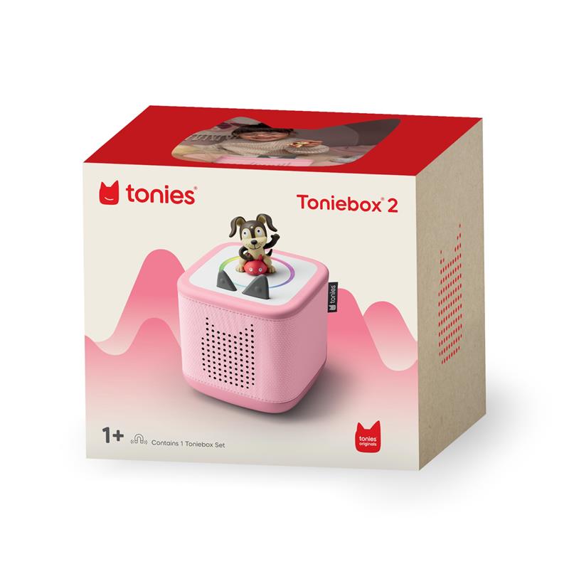 Toniebox 2 Audio Player Starter Set in cloud pink, featuring a playtime puppy toy on top, packaged in a colorful box.
