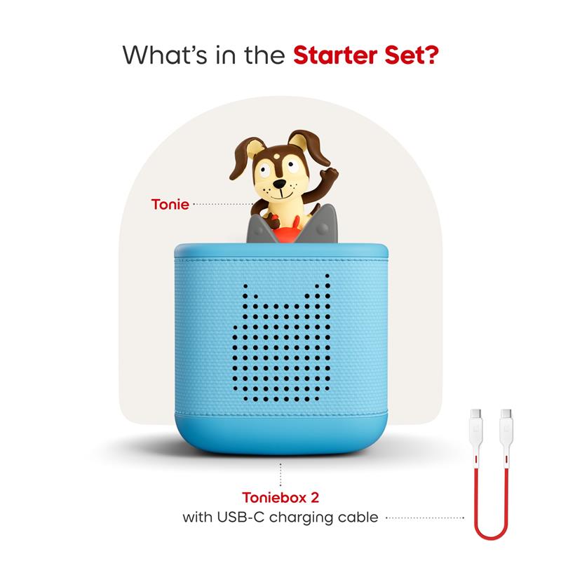 Toniebox 2 audio player in sky blue with Playtime Puppy figurine and USB-C charging cable.