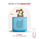 Toniebox 2 audio player in sky blue with Playtime Puppy figurine and USB-C charging cable.