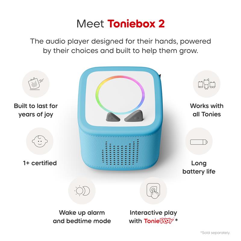 Toniebox 2 audio player in sky blue with colorful circular control and two buttons, designed for kids 1+, features interactive play.
