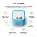 Toniebox 2 audio player in sky blue with colorful circular control and two buttons, designed for kids 1+, features interactive play.