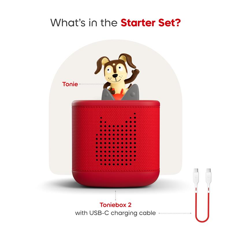 Toniebox 2 audio player in sunset red with a Playtime Puppy figure on top and a USB-C charging cable.