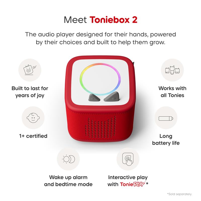 Toniebox 2 audio player in sunset red with colorful controls, designed for kids 1+, showcasing interactive play features.