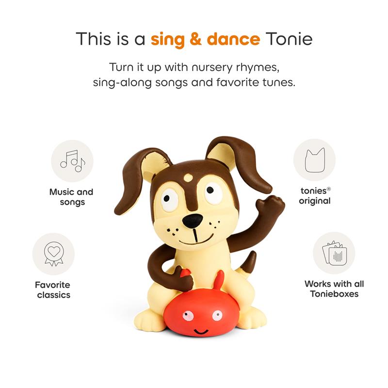 Tonie toy dog character for kids, promoting music and nursery rhymes; features playful design with a red crab companion.
