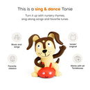 Tonie toy dog character for kids, promoting music and nursery rhymes; features playful design with a red crab companion.