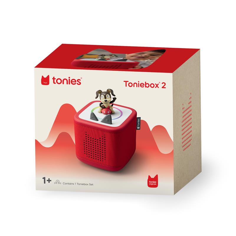 Toniebox 2 audio player starter set in sunset red, featuring a playful puppy figurine on top. For kids 1+.