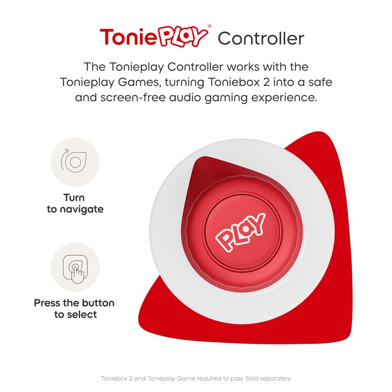 Tonieplay Controller for Toniebox 2, featuring a red play button and navigation instructions for an audio gaming experience.
