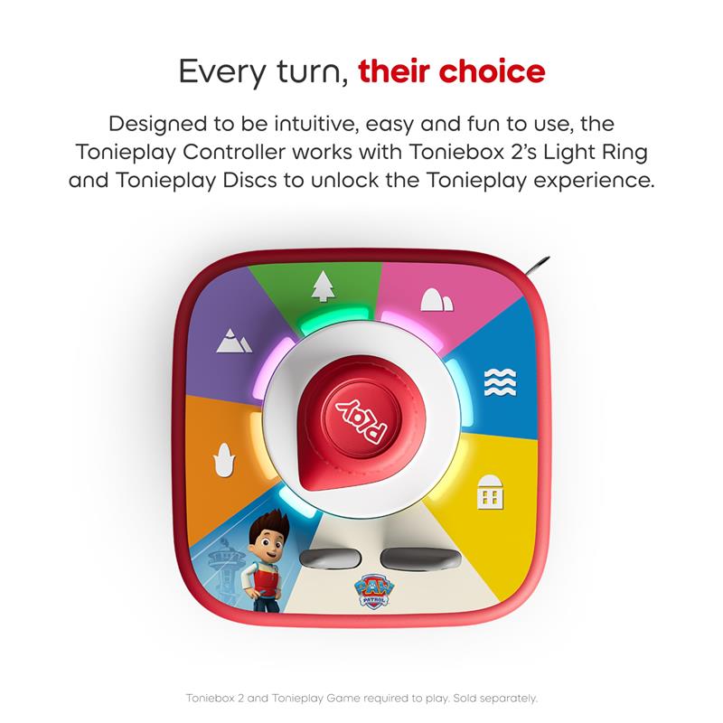 Tonieplay Game Controller in red with multi-colored buttons, designed for use with Toniebox 2 and Tonieplay Discs.