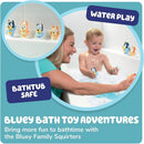 Four Bluey bath toy squirters in a bathtub, with a child and adult enjoying water play together.
