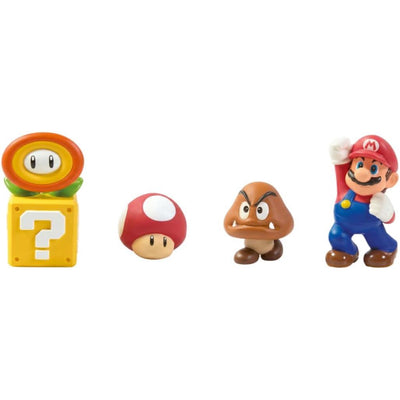 Toomies 4Pk My Mario Bath Squirters featuring Mario, a Goomba, a question block, and a red mushroom.