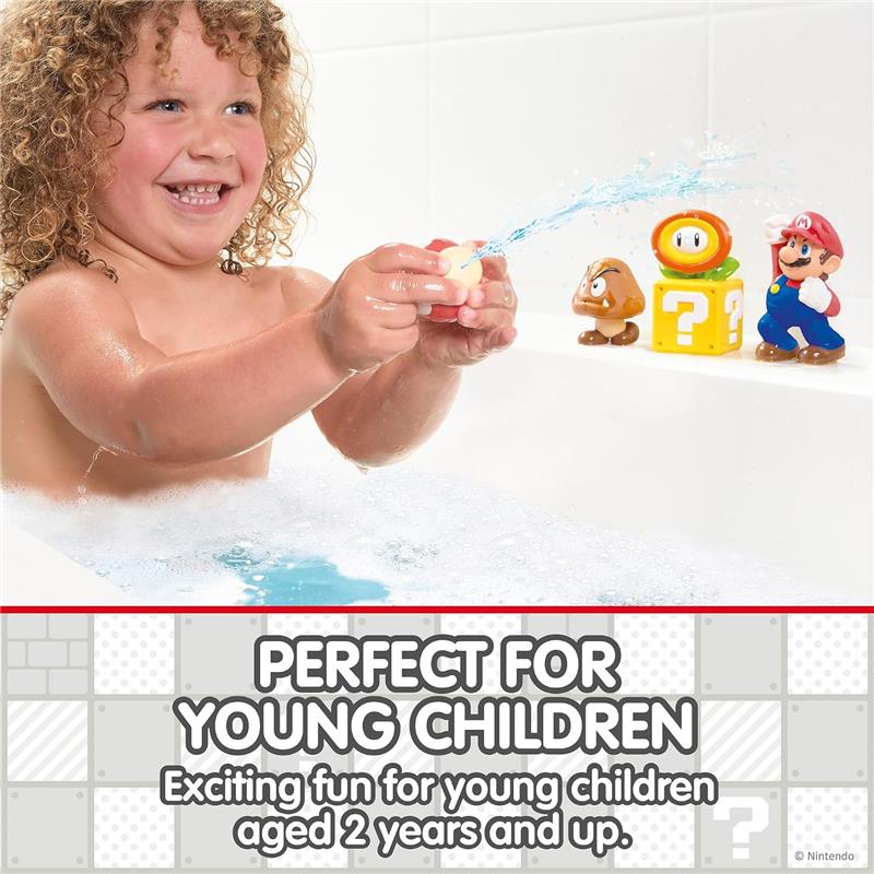 Young child enjoying bath time, squirting water with a toy; includes Mario and friends characters.
