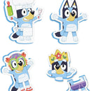 Four colorful puzzle pieces featuring Bluey in various playful costumes: chef, king, and wearing goggles.