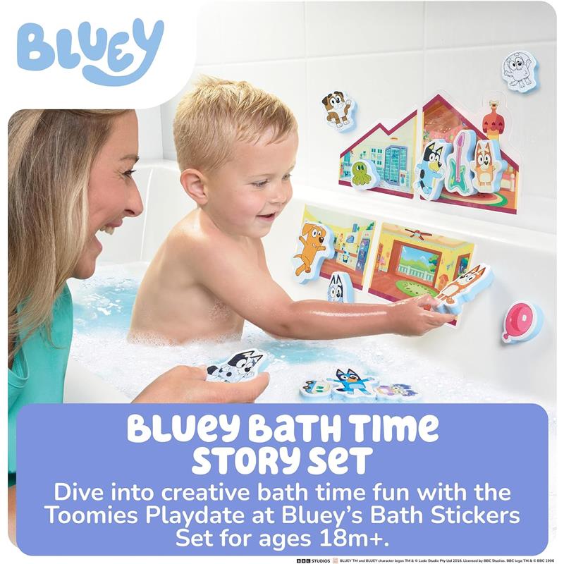 Blueys House Bath Stickers by Toomies, featuring a child playing in a bathtub with colorful, adhesive characters.