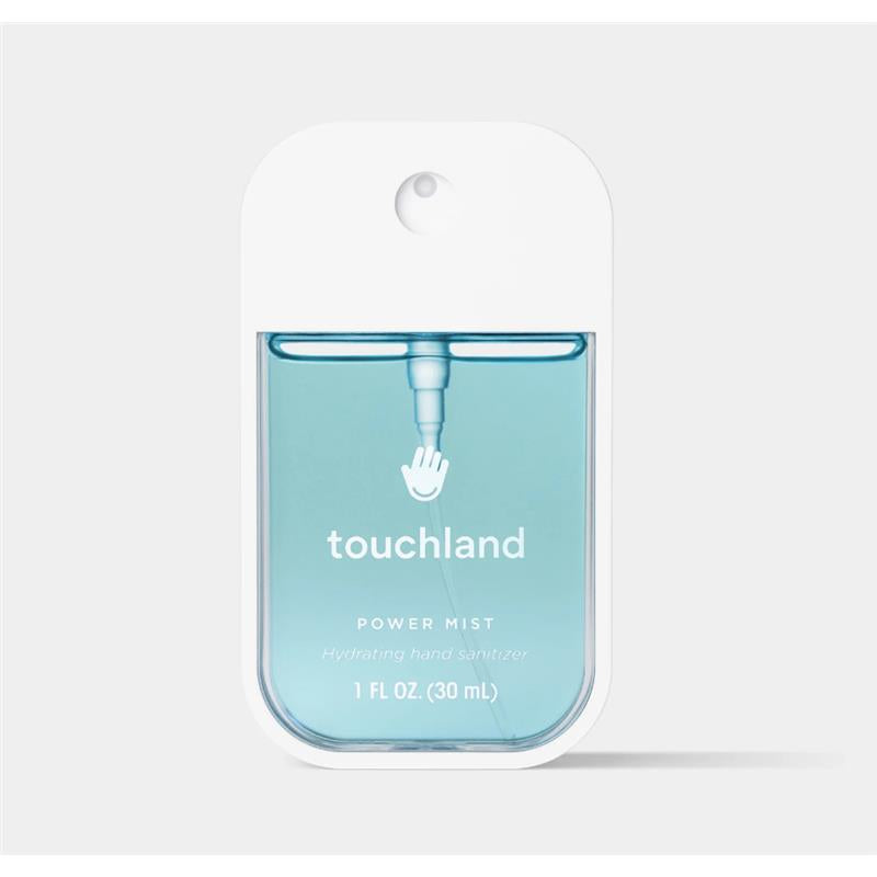 Touchland Frosted Mint Power Mist Hydrating Hand Sanitizer in a 1 FL OZ (30 mL) spray bottle, featuring a blue liquid and white branding.