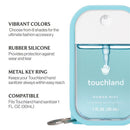 Touchland Hand Sanitizer Mist Case in frosty blue, made of rubber silicone with a metal keyring for easy access.