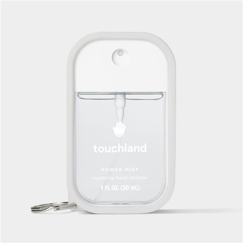 Silicone case for Touchland hand sanitizer mist in icy white, displaying the product name and capacity of 1 fl oz (30 ml).