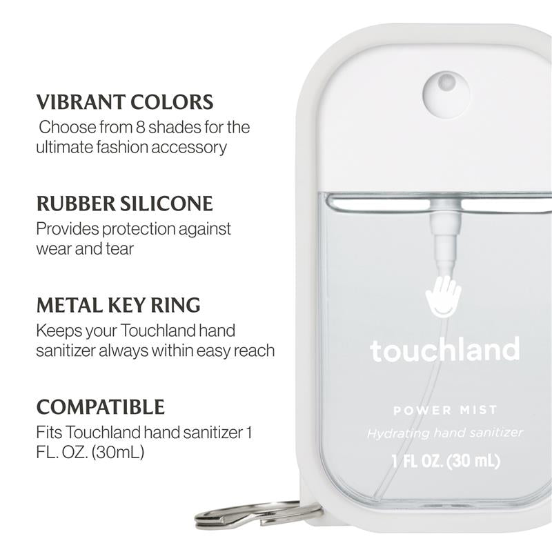 Touchland Hand Sanitizer Mist Case in icy white, made of rubber silicone with a metal keyring for easy access.