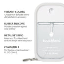 Touchland Hand Sanitizer Mist Case in icy white, made of rubber silicone with a metal keyring for easy access.