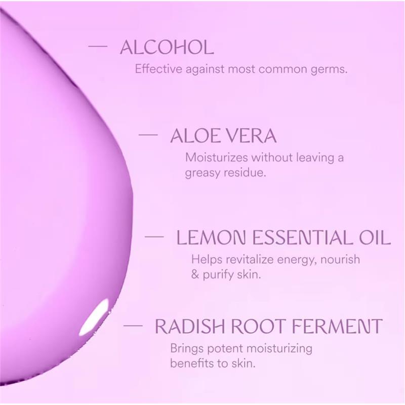 Touchland Pure Lavender Power Mist Hydrating Hand Sanitizer, highlighting ingredients: alcohol, aloe vera, lemon essential oil, and radish root ferment.