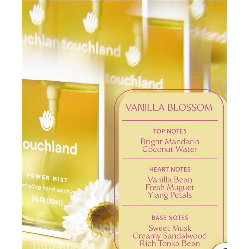 Touchland Vanilla Blossom Power Mist, a hydrating hand sanitizer, features notes of Mandarin, Coconut, and Vanilla.