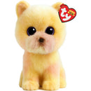 Plush yellow dog toy with large eyes and pink accents, featuring a Ty Beanie Boos tag.