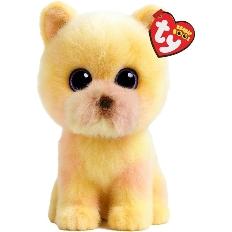 Palmer the Dog, a Ty Beanie Baby, features soft yellow fur, large purple eyes, and a small, pink nose.