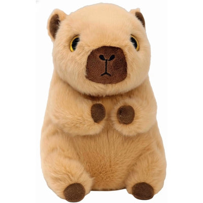 Tan plush capybara toy featuring bright eyes, a brown snout, and small paws, designed as a cuddly companion.