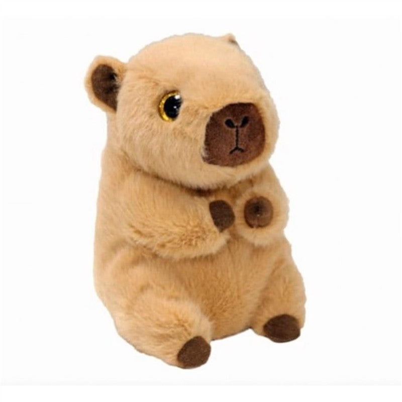 Tan capybara plush toy with a soft texture and large eyes, featuring a brown face and paws.