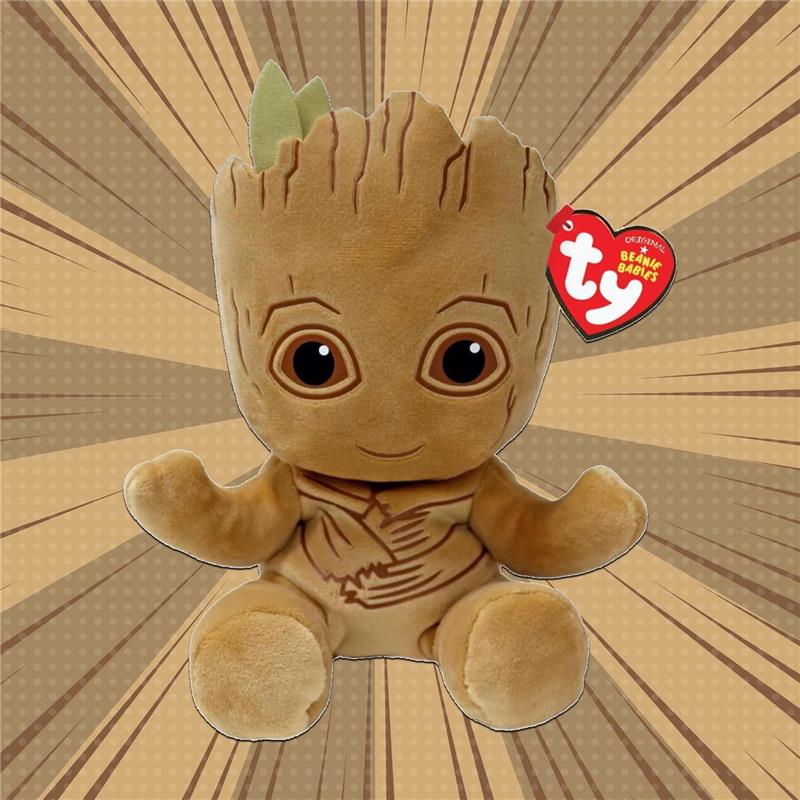 Soft plush Beanie Groot toy with large brown eyes and green leaf accents, featuring a TY tag.