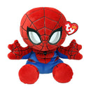 Floppy medium plush Spider-Man toy with a red and blue costume, bulging eyes, and a TY tag.