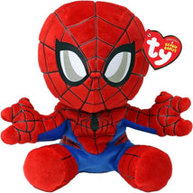 Plush toy of Spiderman from the Ty Marvel Collection, featuring red and blue fabric with detailed web patterns and large eyes.