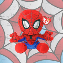 Plush Ty Beanie Baby of Spiderman, featuring red and blue colors with large white eyes, against a spider-web background.