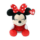 Plush Minnie Mouse toy by Ty, featuring a red dress with white polka dots and a matching bow, smiling with outstretched arms.