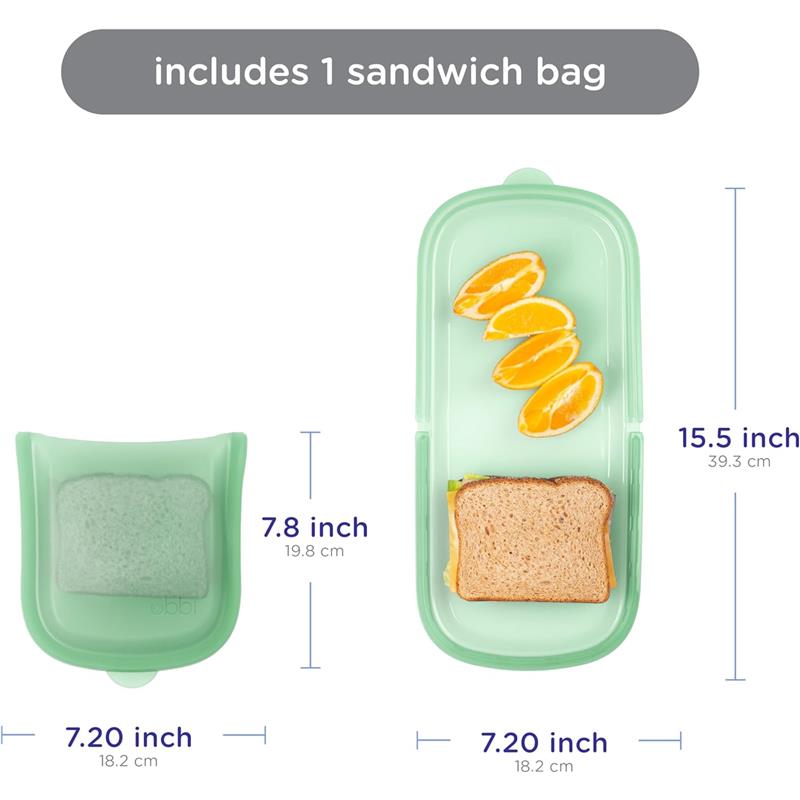 Reusable silicone storage bag in mint green, includes one sandwich bag with visible sandwich and orange slices.