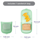 Reusable silicone storage bag in mint green, includes one sandwich bag with visible sandwich and orange slices.